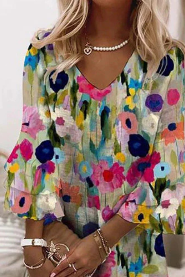 W&N™ | Romantic Floral Print V-Neck Mini Dress