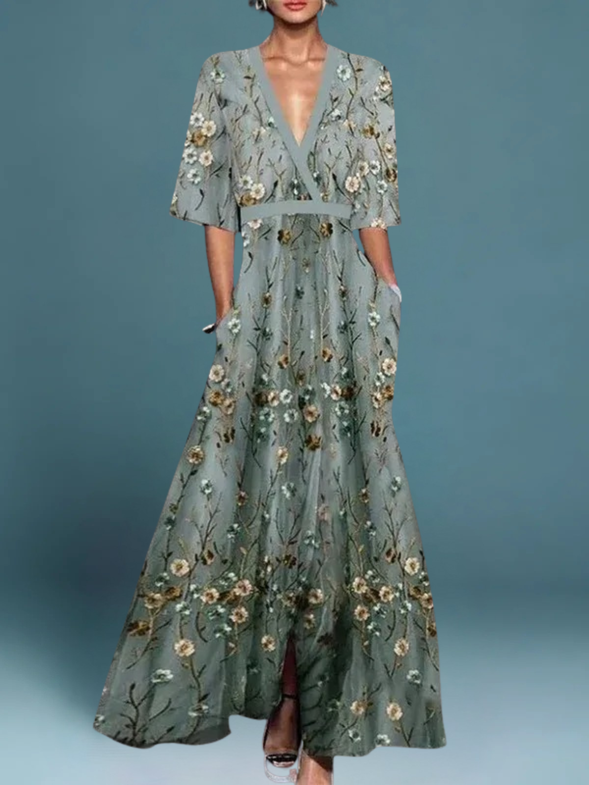 W&N™ | Elegant Floral V-Neck Belted Boho Dress